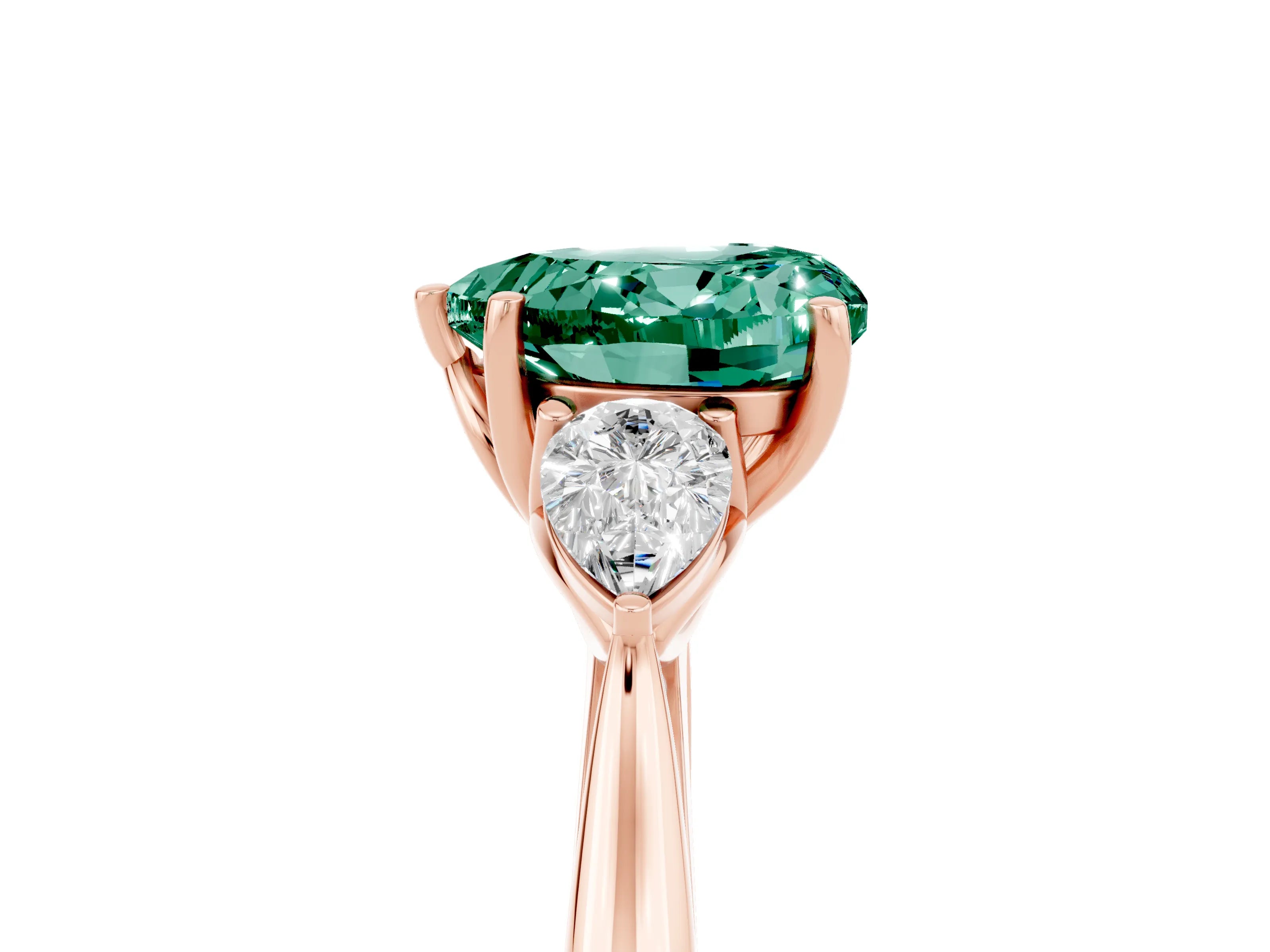 Rose gold Heart Cut Green Sapphire Three-Stone Ring with Pear Side Stones and Four-Prong Setting_17