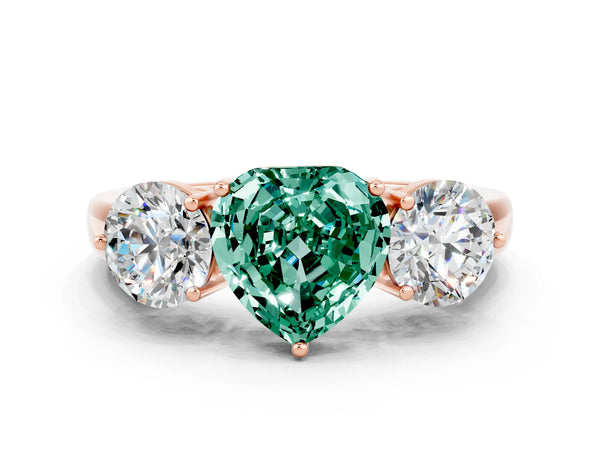 Rose gold Heart Cut Green Sapphire Three-Stone Ring with Prong Setting and Classic Band