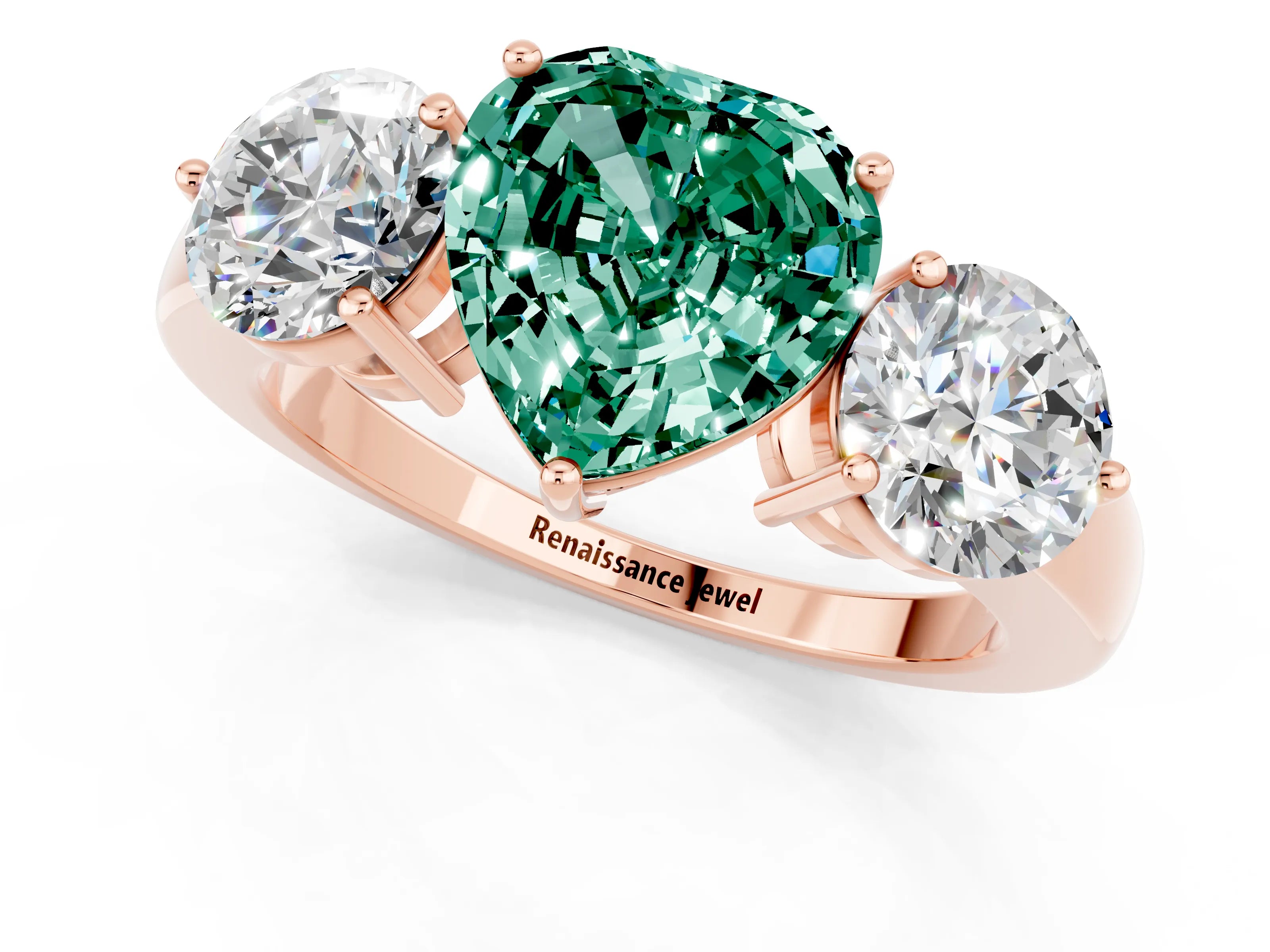 Rose gold Heart Cut Green Sapphire Three-Stone Ring with Prong Setting and Classic Band_1