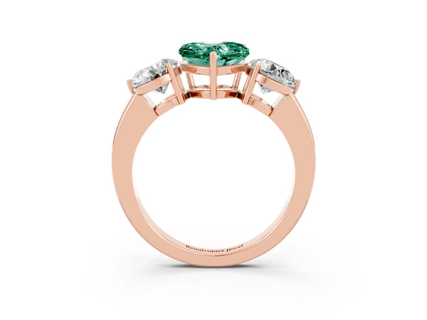 Rose gold Heart Cut Green Sapphire Three-Stone Ring with Prong Setting and Classic Band