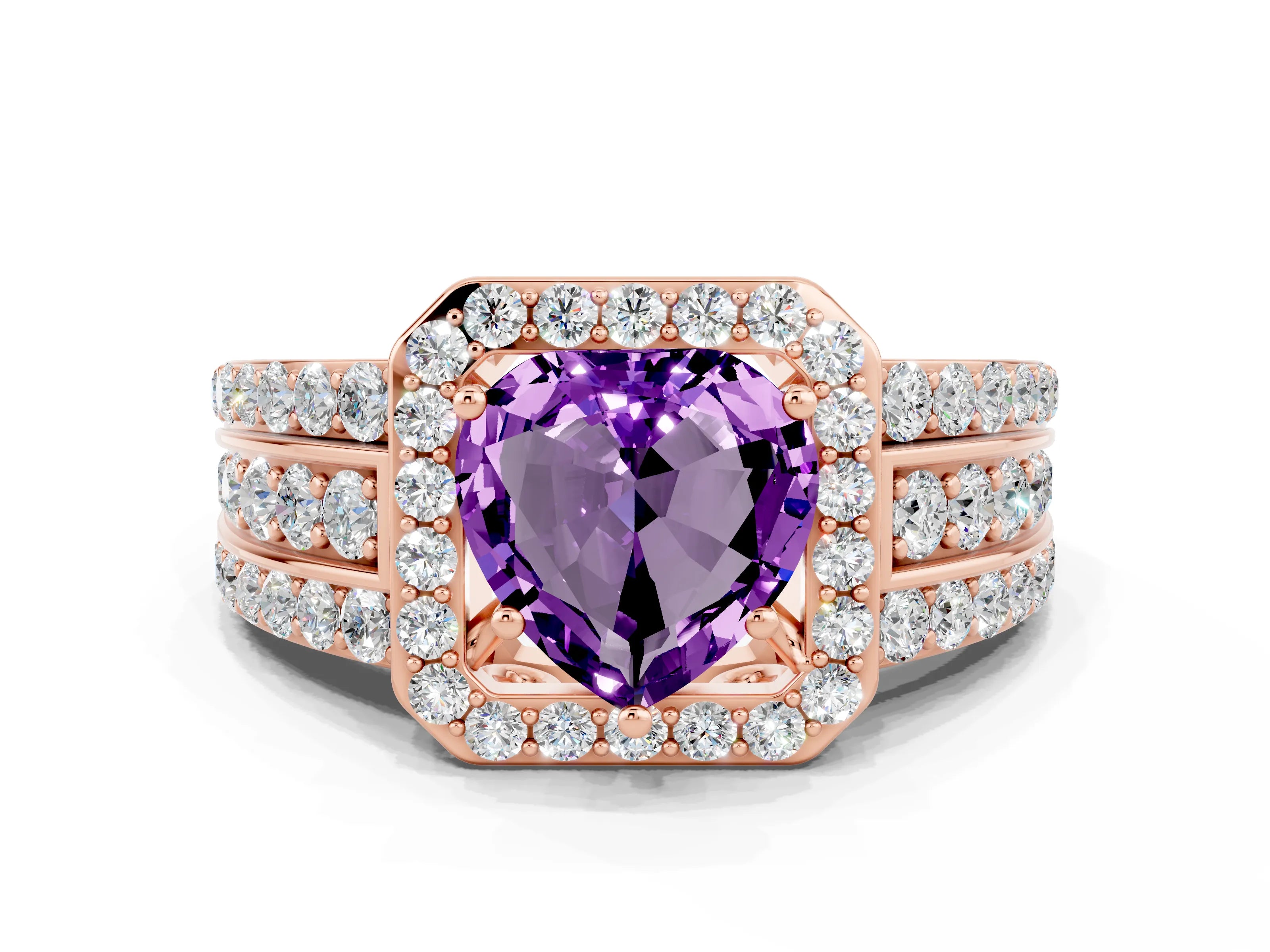 Rose gold Heart Cut Halo Amethyst Ring with Split Shank and Four-Prong Setting