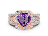 Rose gold Heart Cut Halo Amethyst Ring with Split Shank and Four-Prong Setting