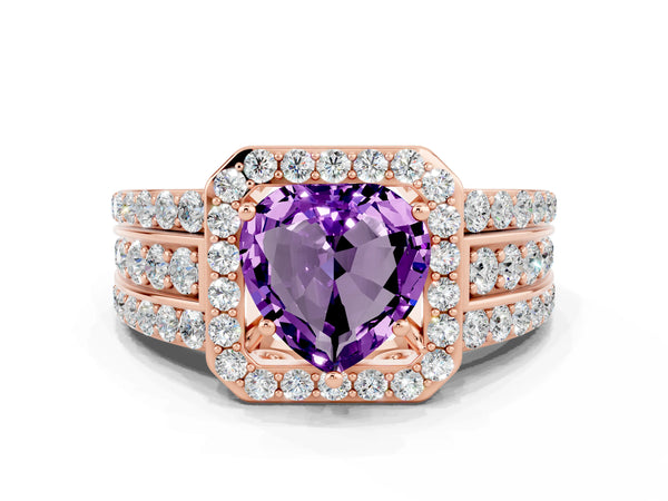 Rose gold Heart Cut Halo Amethyst Ring with Round  Split Shank and Prong Setting