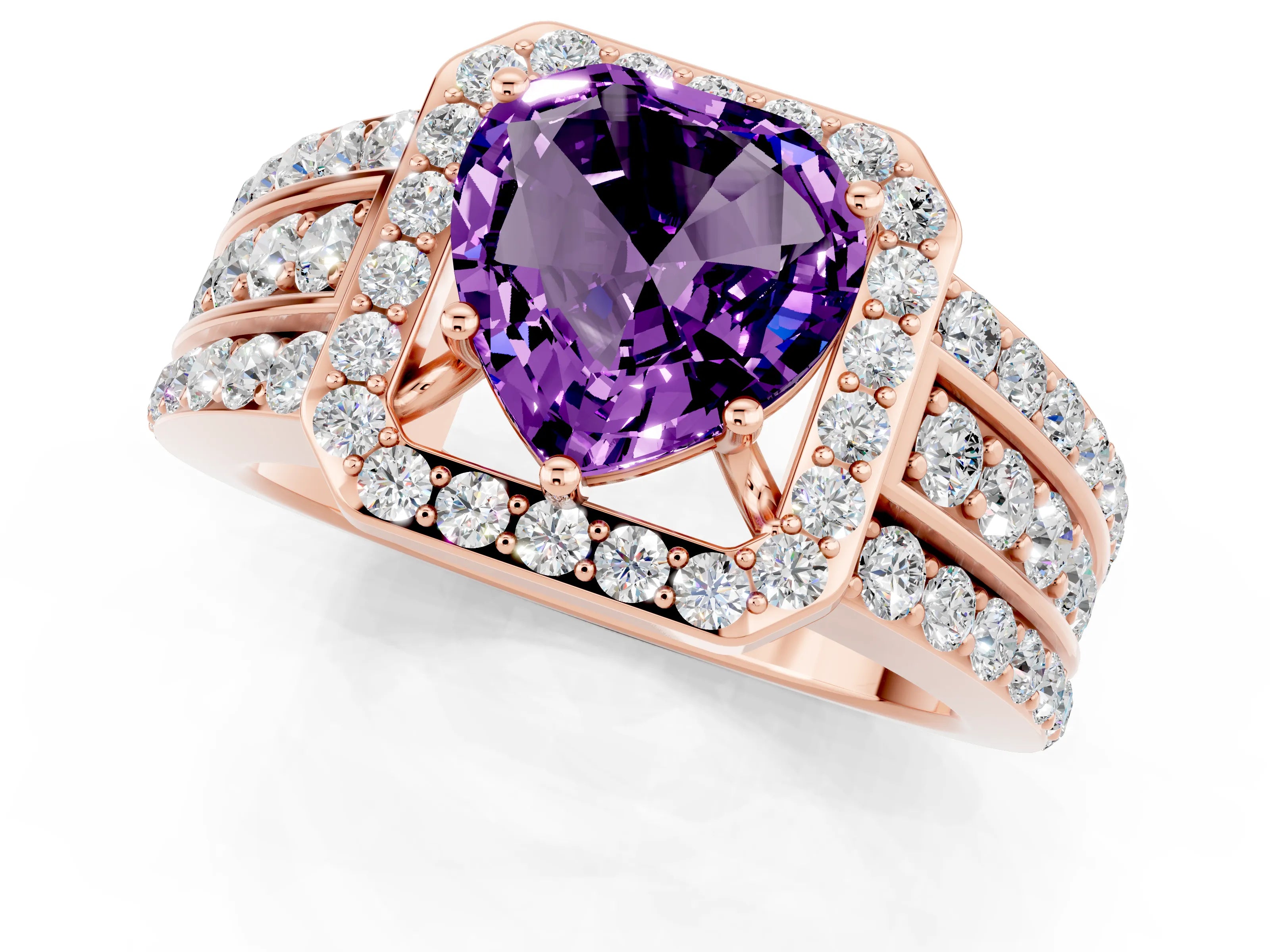 Rose gold Heart Cut Halo Amethyst Ring with Split Shank and Four-Prong Setting_1