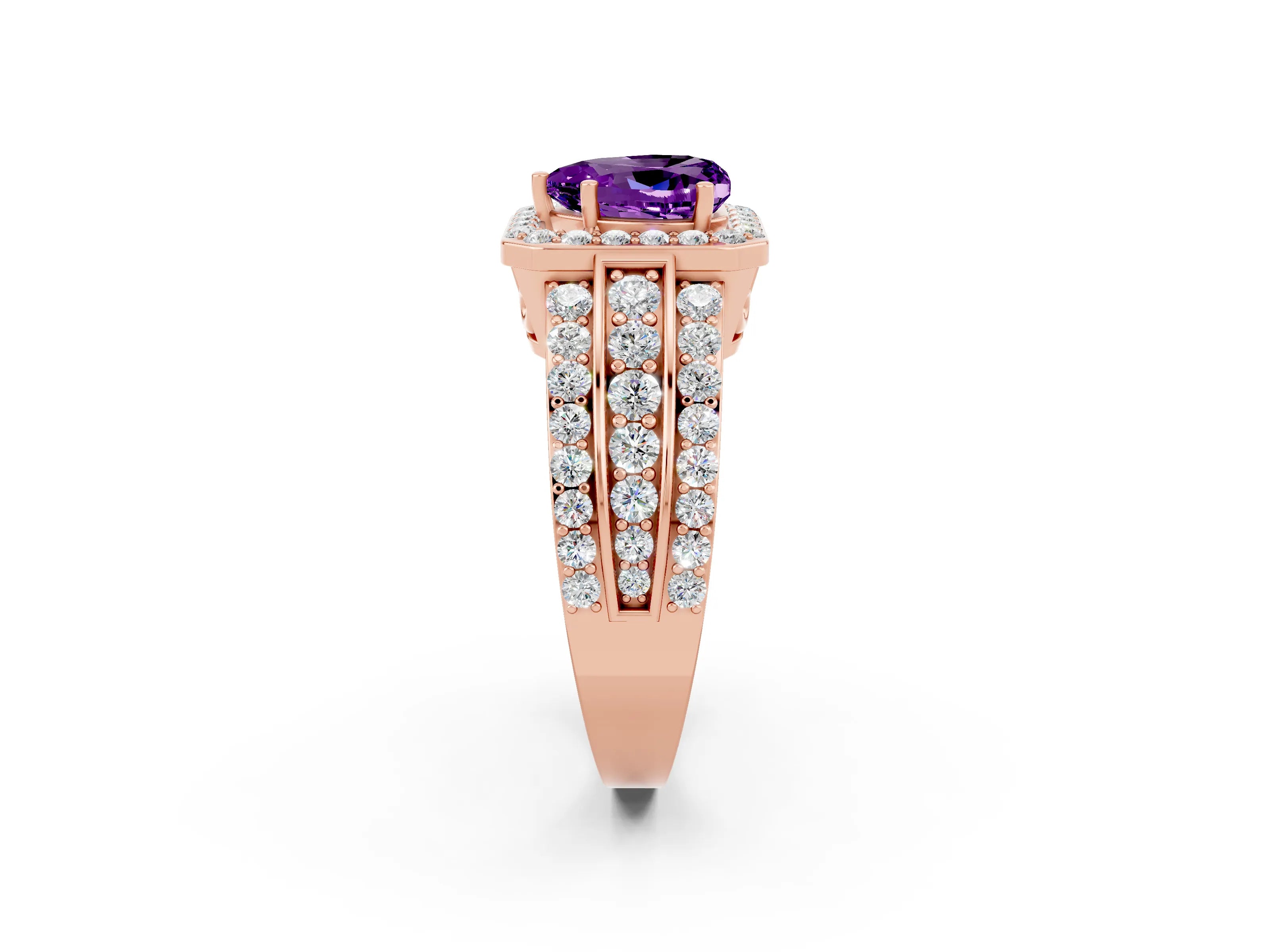 Rose gold Heart Cut Halo Amethyst Ring with Split Shank and Four-Prong Setting_2