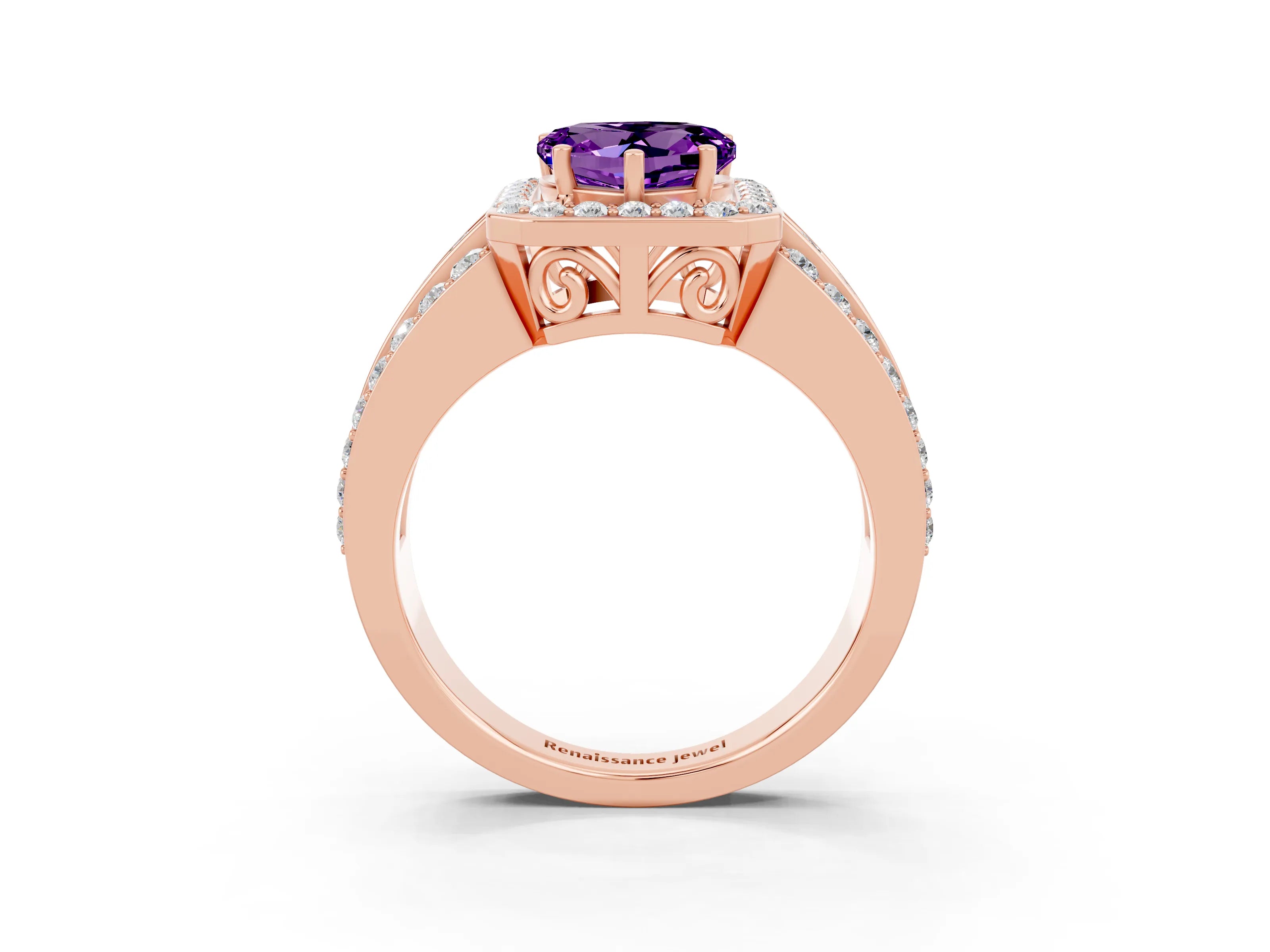 Rose gold Heart Cut Halo Amethyst Ring with Split Shank and Four-Prong Setting_3