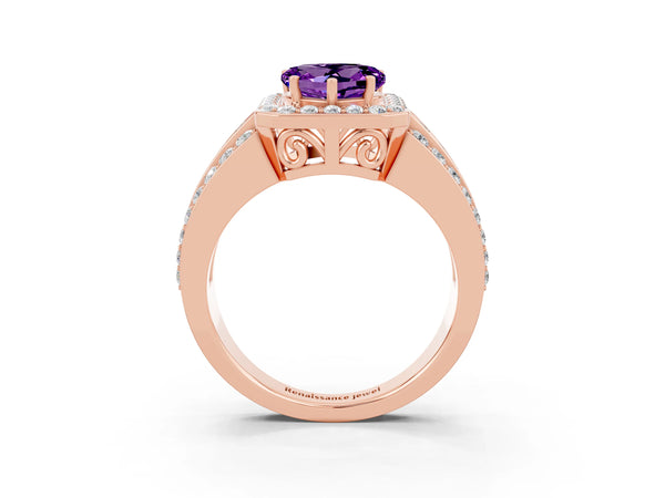Rose gold Heart Cut Halo Amethyst Ring with Round  Split Shank and Prong Setting