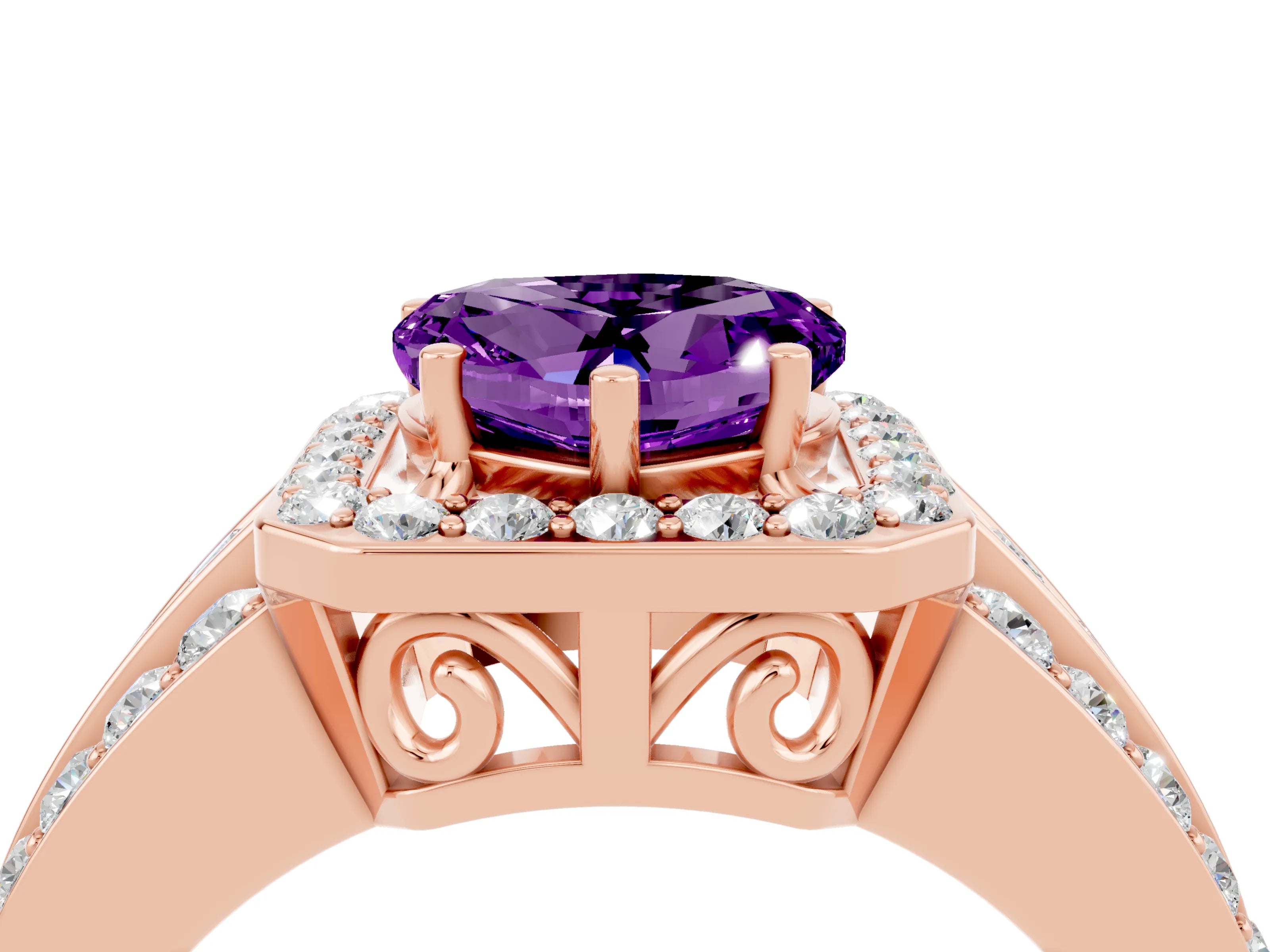 Rose gold Heart Cut Halo Amethyst Ring with Split Shank and Four-Prong Setting_4