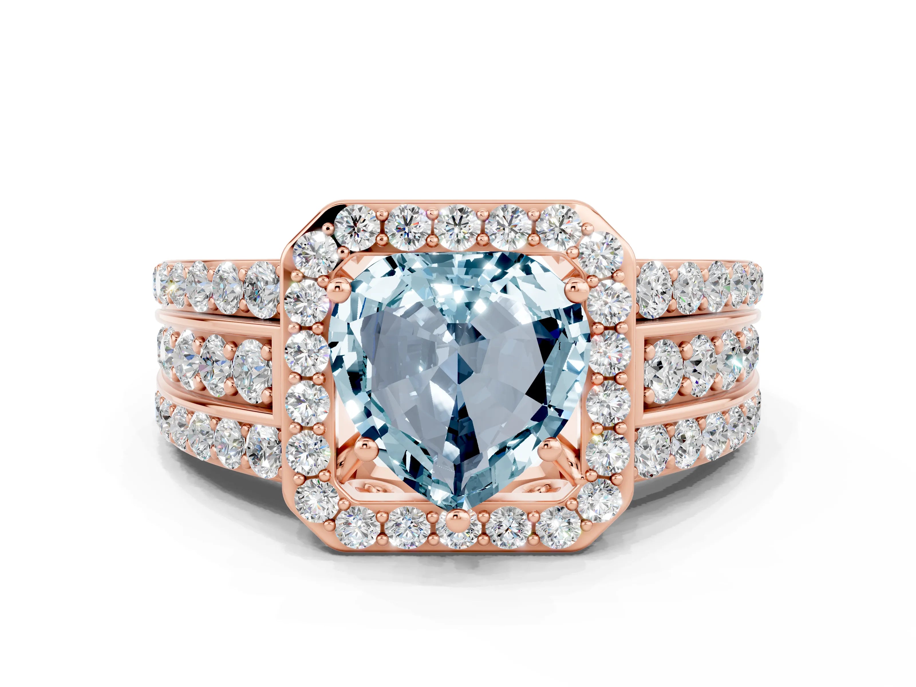 Rose gold Heart Cut Halo Aquamarine Ring with Split Shank and Four-Prong Setting
