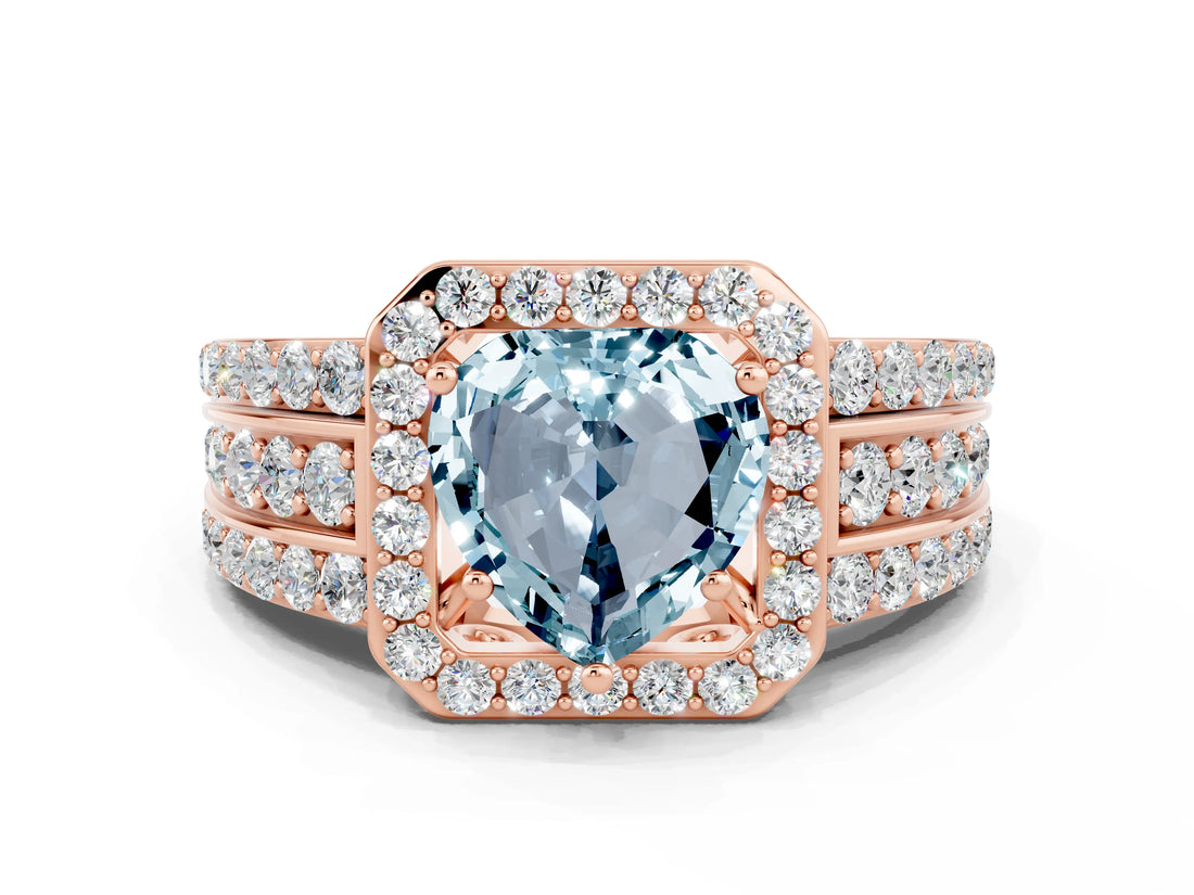 Rose gold Heart Cut Halo Aquamarine Ring with Split Shank and Four-Prong Setting