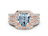 Rose gold Heart Cut Halo Aquamarine Ring with Split Shank and Four-Prong Setting