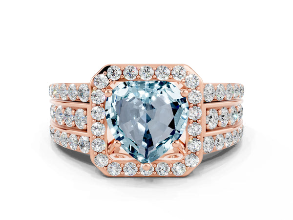 Rose gold Heart Cut Halo Aquamarine Ring with Round  Split Shank and Prong Setting