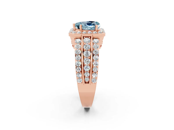 Rose gold Heart Cut Halo Aquamarine Ring with Round  Split Shank and Prong Setting