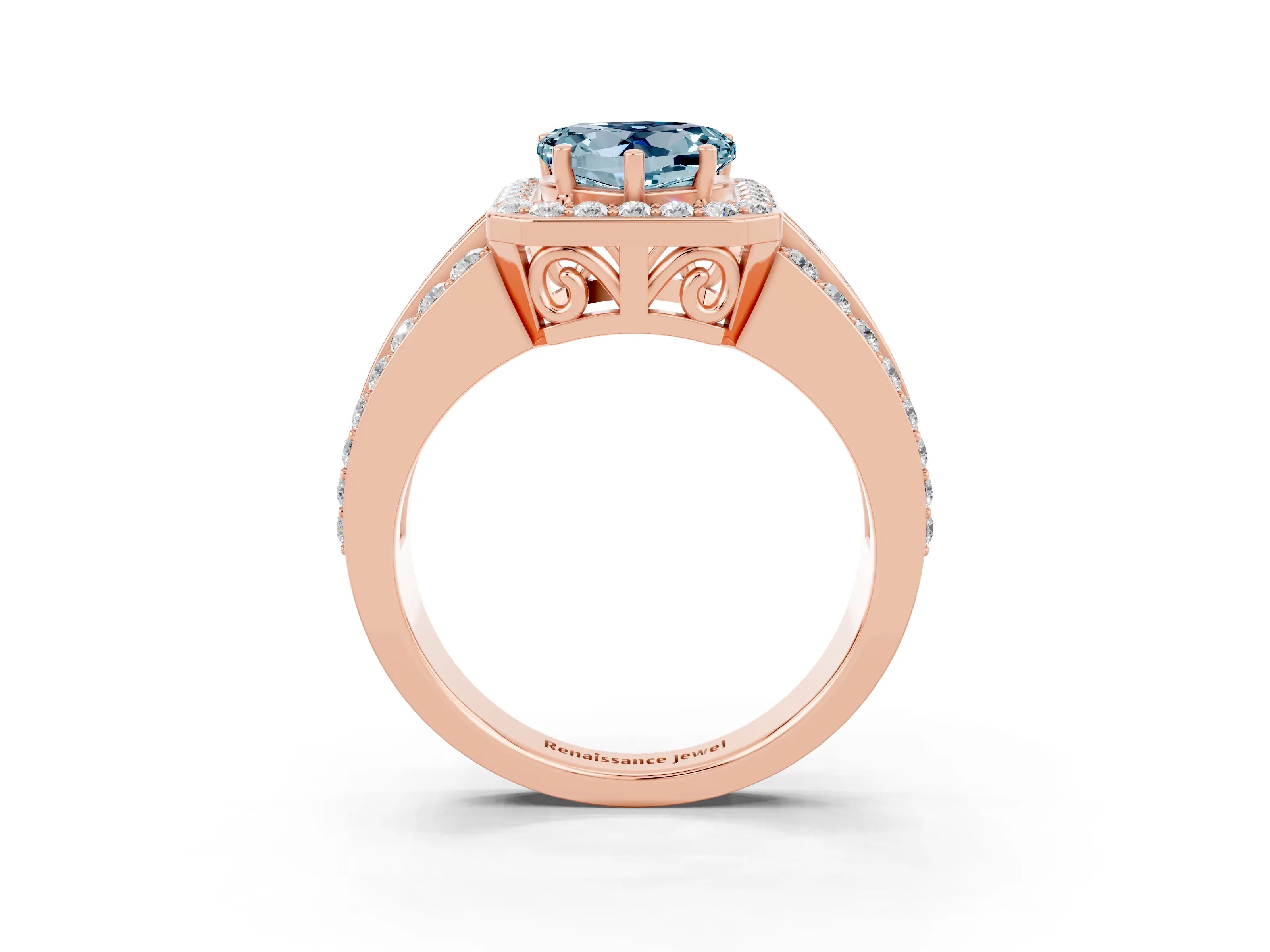 Rose gold Heart Cut Halo Aquamarine Ring with Split Shank and Four-Prong Setting_3