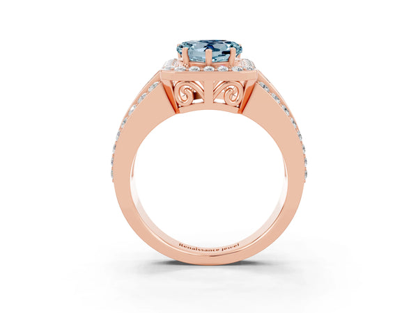 Rose gold Heart Cut Halo Aquamarine Ring with Round  Split Shank and Prong Setting