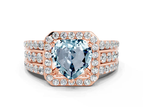 Rose gold Heart Cut Halo Aquamarine Ring with Split Shank and Four-Prong Setting