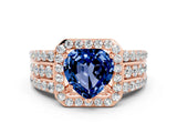 Rose gold Heart Cut Halo Blue Sapphire Ring with Split Shank and Four-Prong Setting