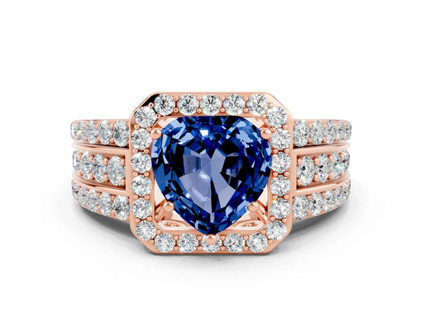 Rose gold Heart Cut Halo Blue Sapphire Ring with Round  Split Shank and Prong Setting