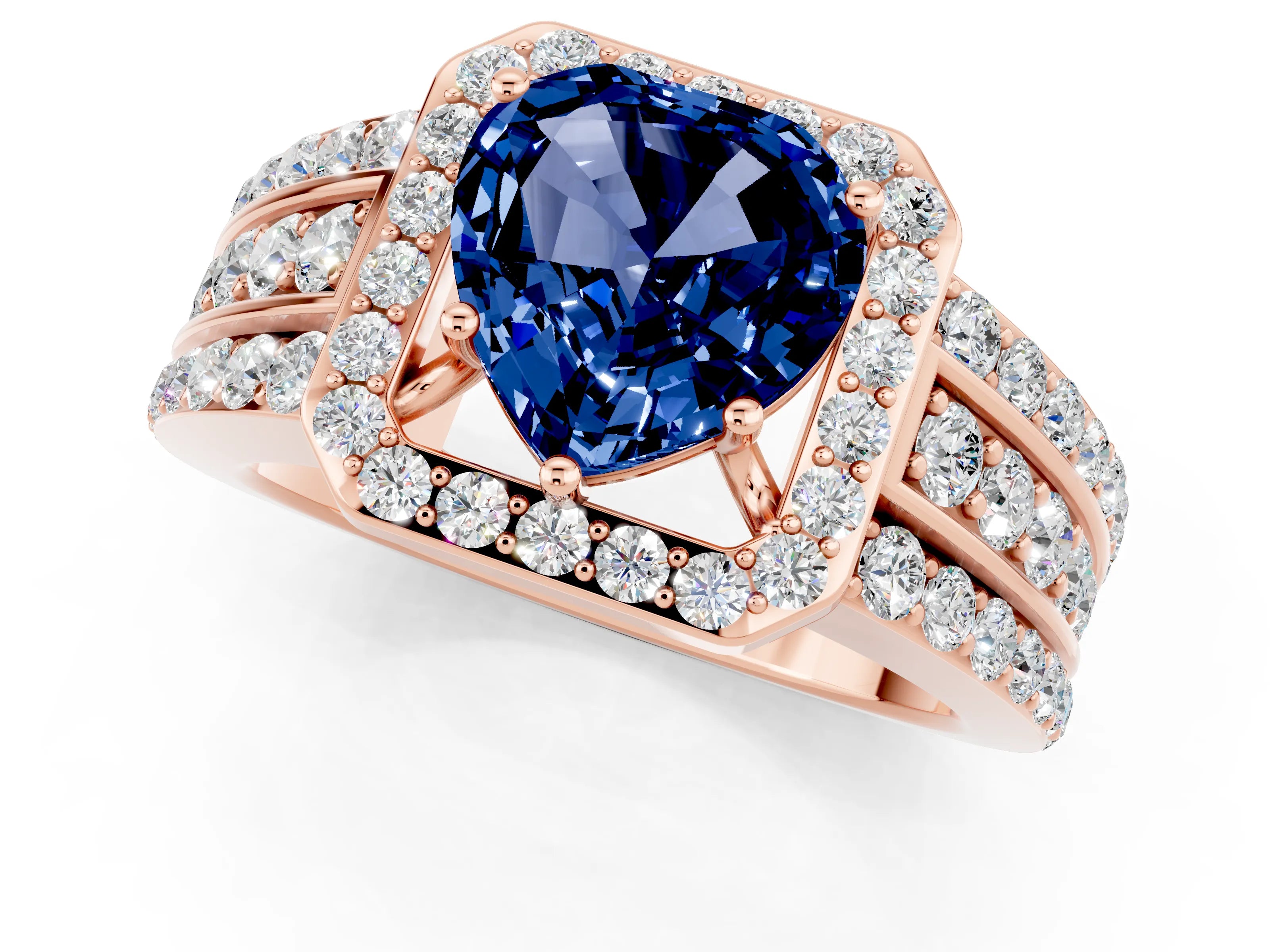 Rose gold Heart Cut Halo Blue Sapphire Ring with Split Shank and Four-Prong Setting_1