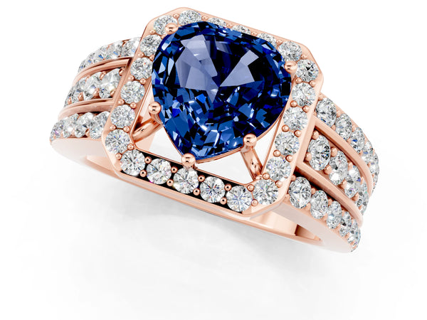 Rose gold Heart Cut Halo Blue Sapphire Ring with Round  Split Shank and Prong Setting