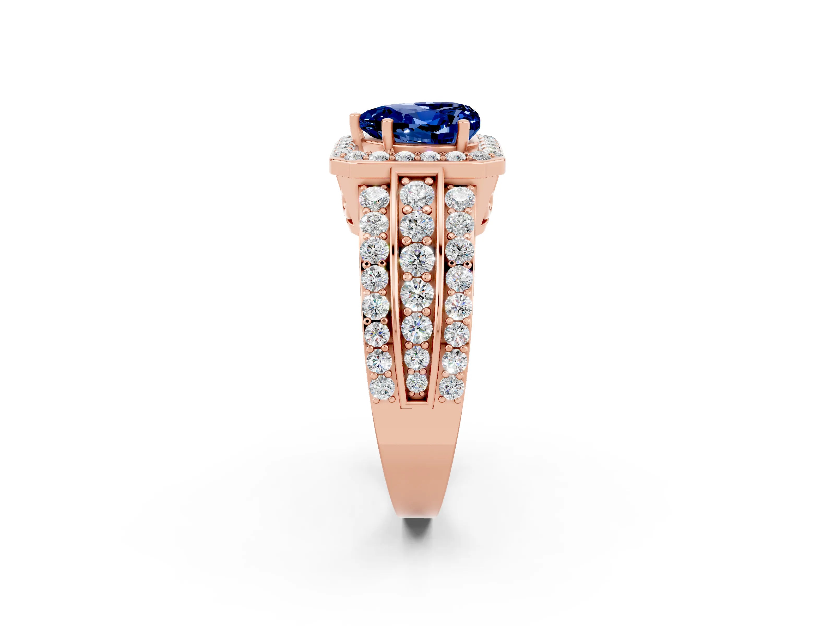 Rose gold Heart Cut Halo Blue Sapphire Ring with Split Shank and Four-Prong Setting_2