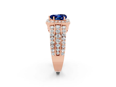 Rose gold Heart Cut Halo Blue Sapphire Ring with Split Shank and Four-Prong Setting_2