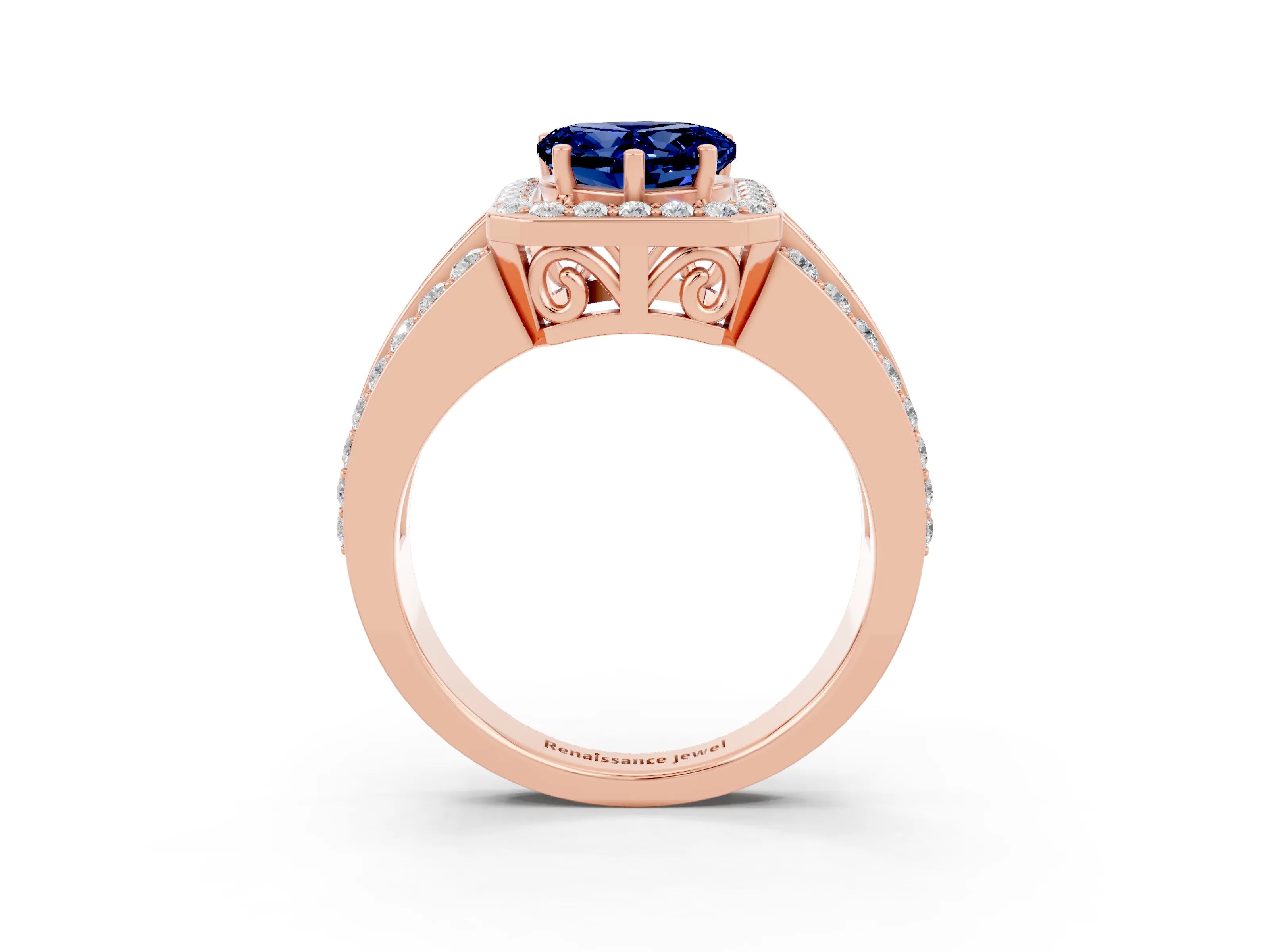 Rose gold Heart Cut Halo Blue Sapphire Ring with Split Shank and Four-Prong Setting_3