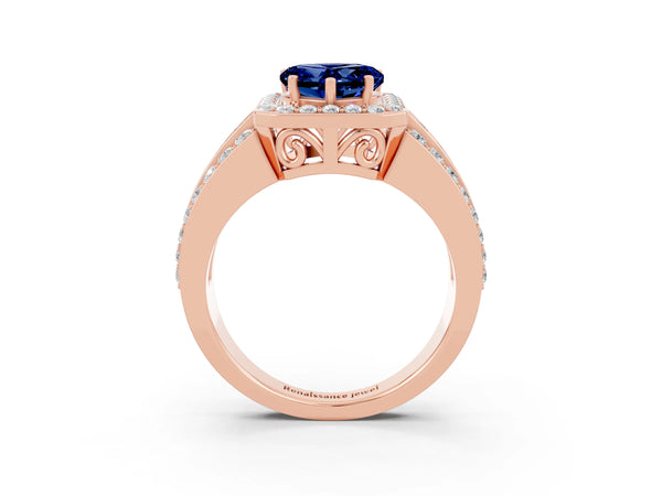 Rose gold Heart Cut Halo Blue Sapphire Ring with Round  Split Shank and Prong Setting