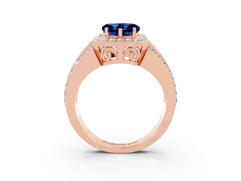 Rose gold Heart Cut Halo Blue Sapphire Ring with Split Shank and Four-Prong Setting_3