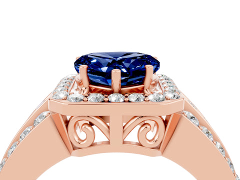 Rose gold Heart Cut Halo Blue Sapphire Ring with Split Shank and Four-Prong Setting_4