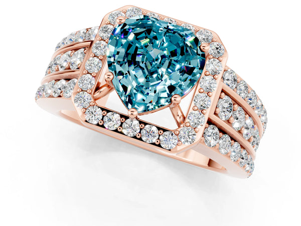 Rose gold Heart Cut Halo Blue Topaz Ring with Round  Split Shank and Prong Setting