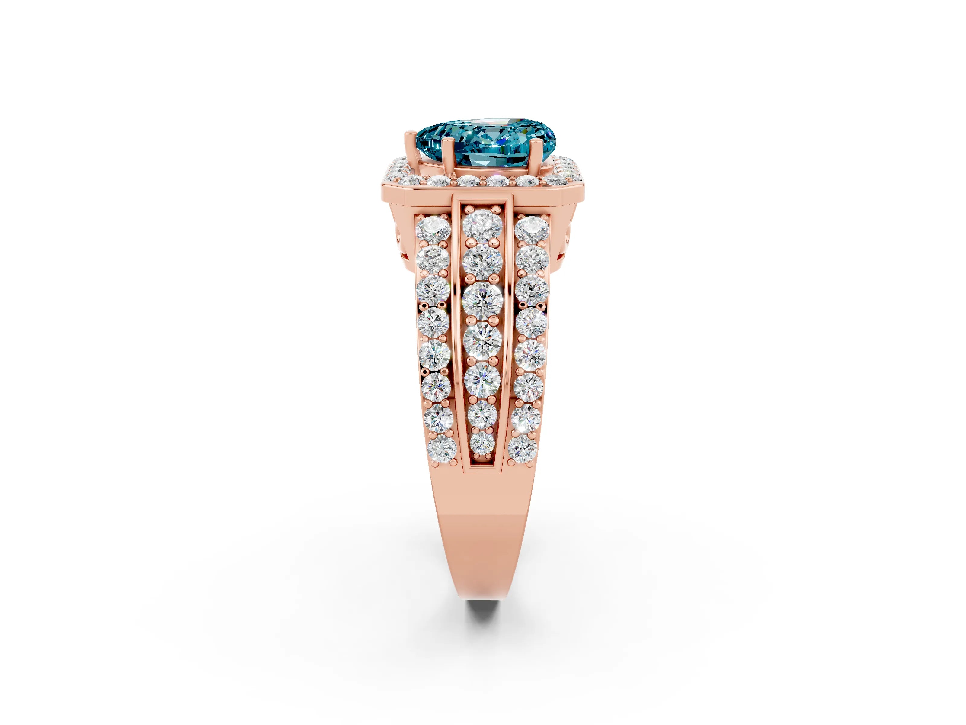 Rose gold Heart Cut Halo Blue Topaz Ring with Split Shank and Four-Prong Setting_2