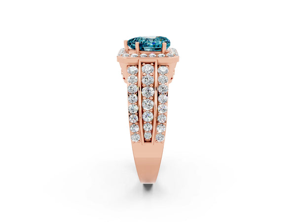 Rose gold Heart Cut Halo Blue Topaz Ring with Round  Split Shank and Prong Setting