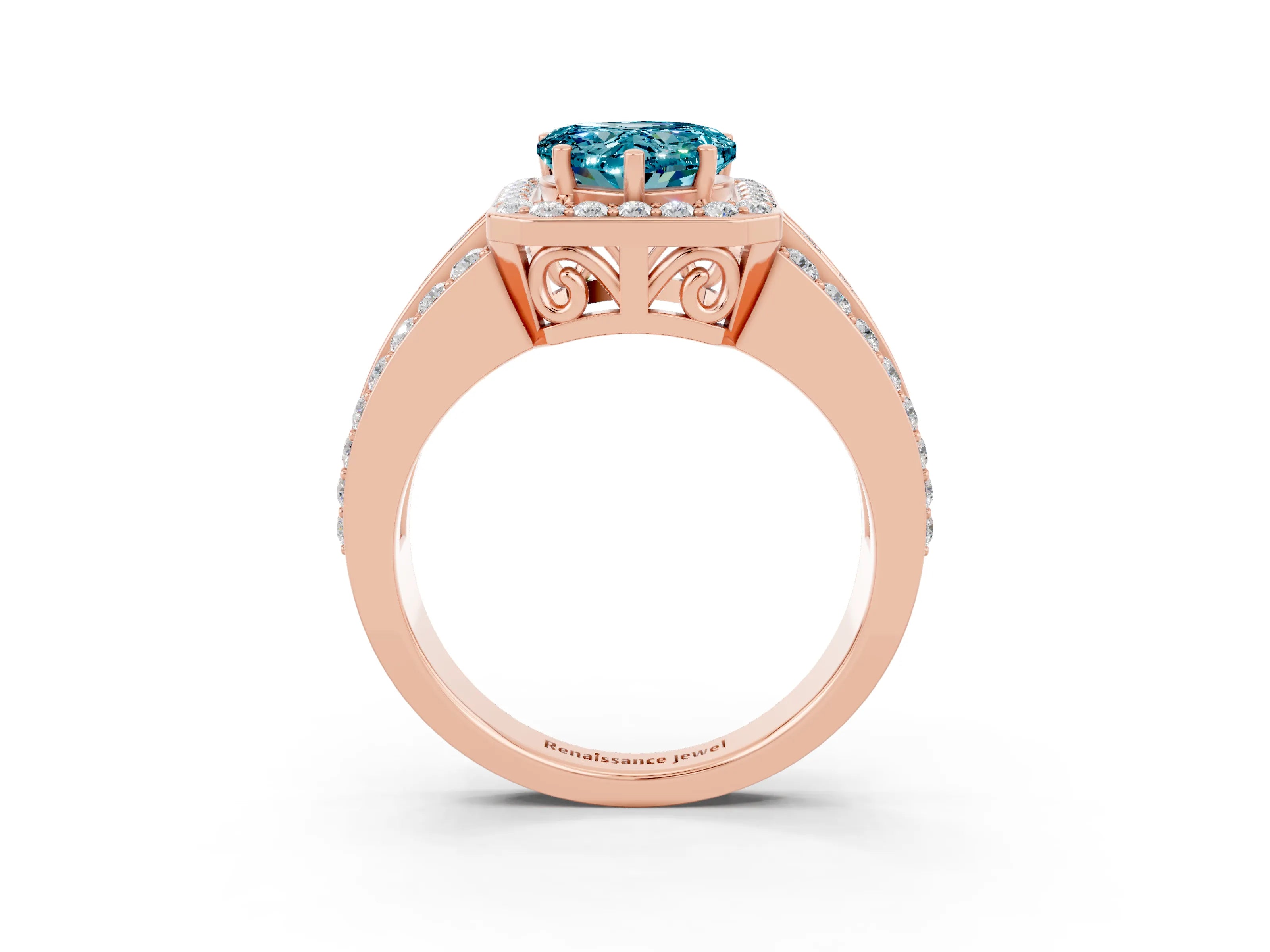 Rose gold Heart Cut Halo Blue Topaz Ring with Split Shank and Four-Prong Setting_3