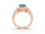 Rose gold Heart Cut Halo Blue Topaz Ring with Split Shank and Four-Prong Setting_3