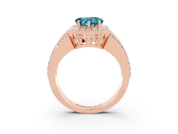 Rose gold Heart Cut Halo Blue Topaz Ring with Round  Split Shank and Prong Setting
