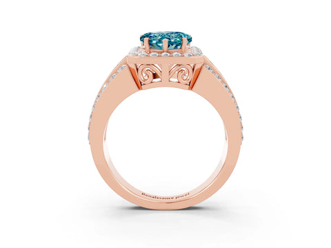 Rose gold Heart Cut Halo Blue Topaz Ring with Split Shank and Four-Prong Setting_3