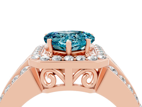 Rose gold Heart Cut Halo Blue Topaz Ring with Split Shank and Four-Prong Setting_4