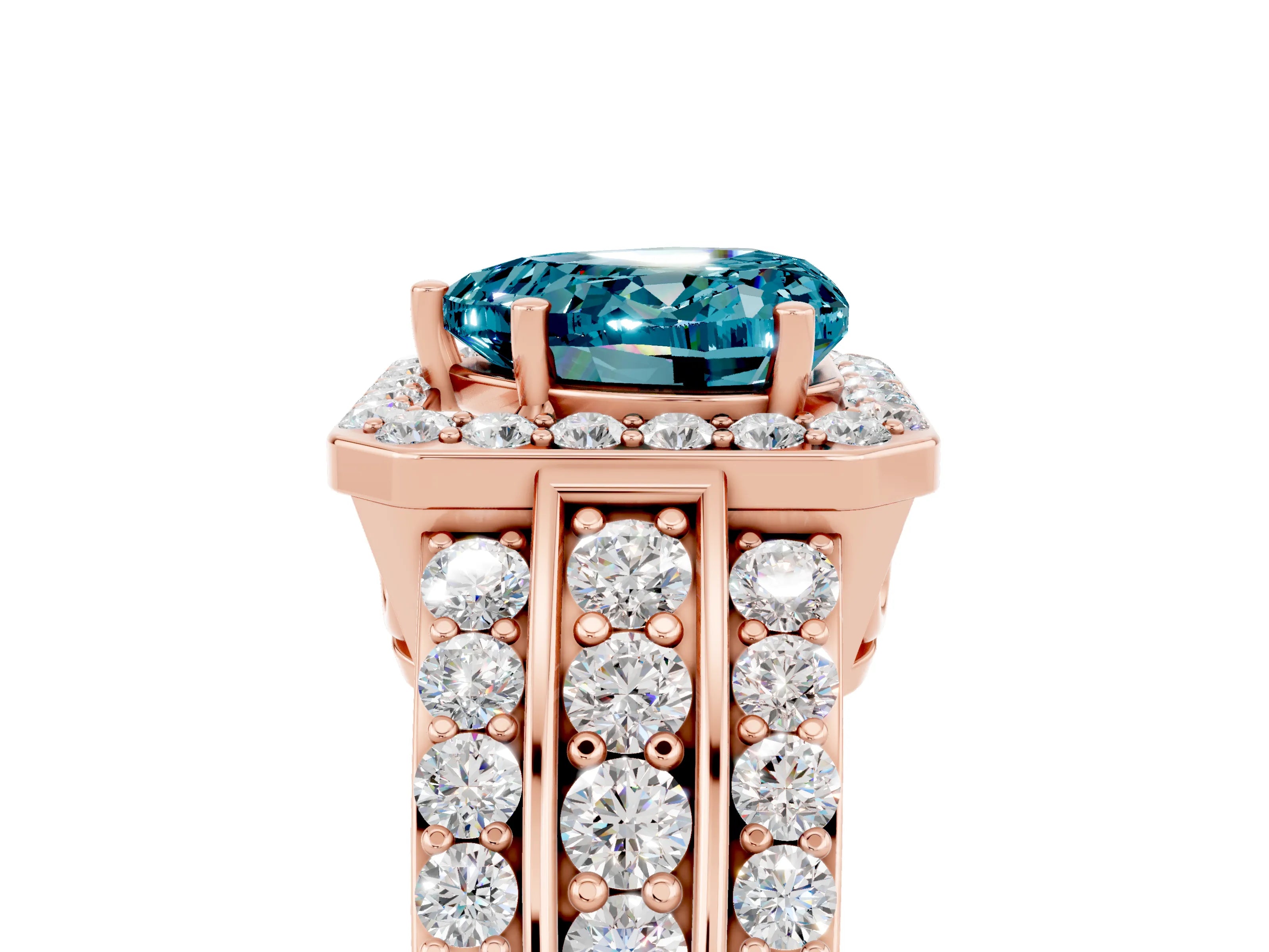 Rose gold Heart Cut Halo Blue Topaz Ring with Split Shank and Four-Prong Setting_5