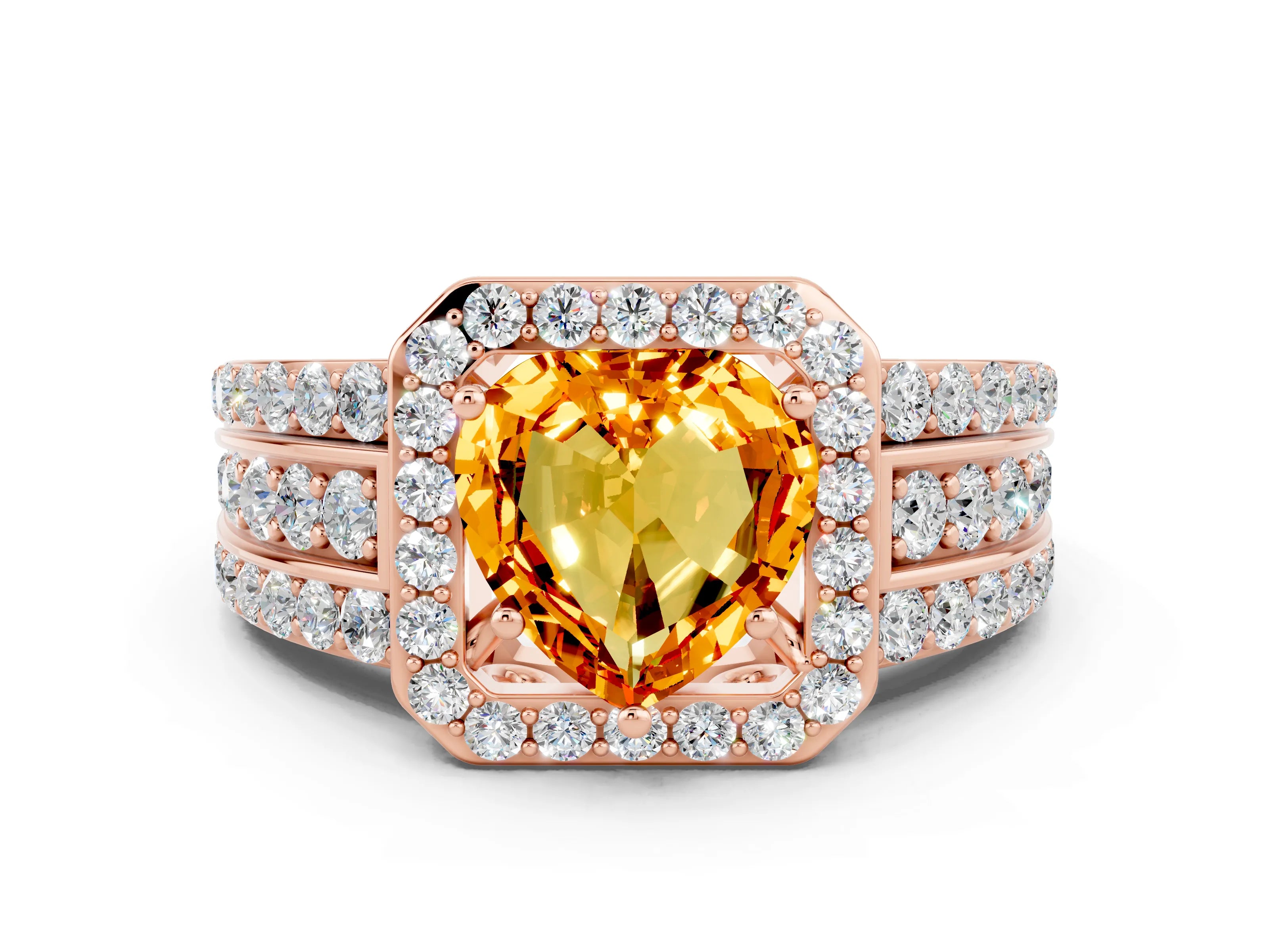 Rose gold Heart Cut Halo Citrine Ring with Split Shank and Four-Prong Setting