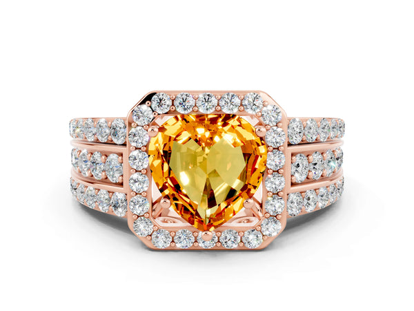 Rose gold Heart Cut Halo Citrine Ring with Round  Split Shank and Prong Setting