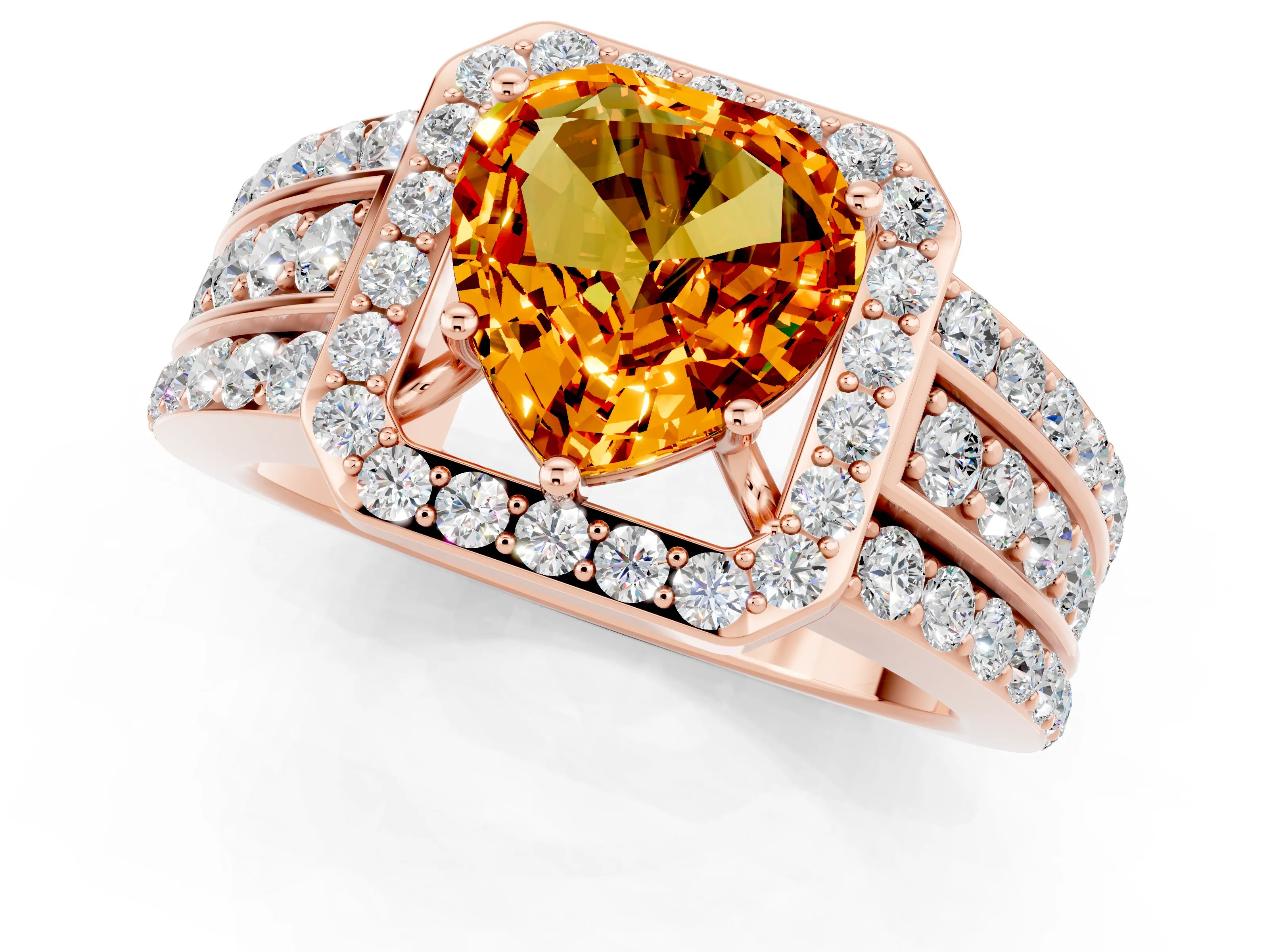 Rose gold Heart Cut Halo Citrine Ring with Split Shank and Four-Prong Setting_1