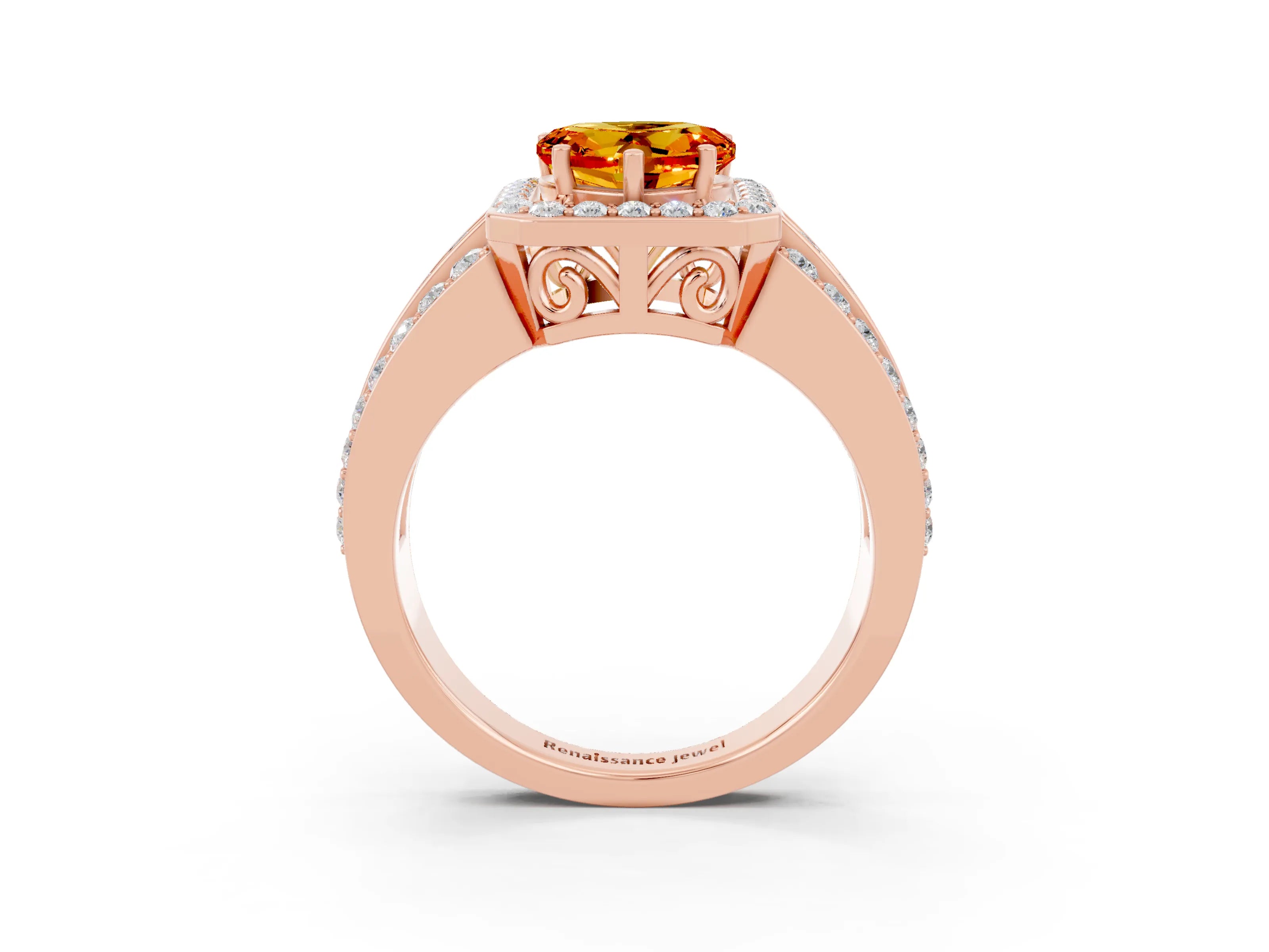 Rose gold Heart Cut Halo Citrine Ring with Split Shank and Four-Prong Setting_3