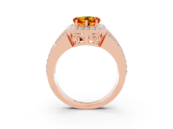 Rose gold Heart Cut Halo Citrine Ring with Round  Split Shank and Prong Setting