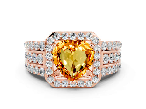 Rose gold Heart Cut Halo Citrine Ring with Split Shank and Four-Prong Setting