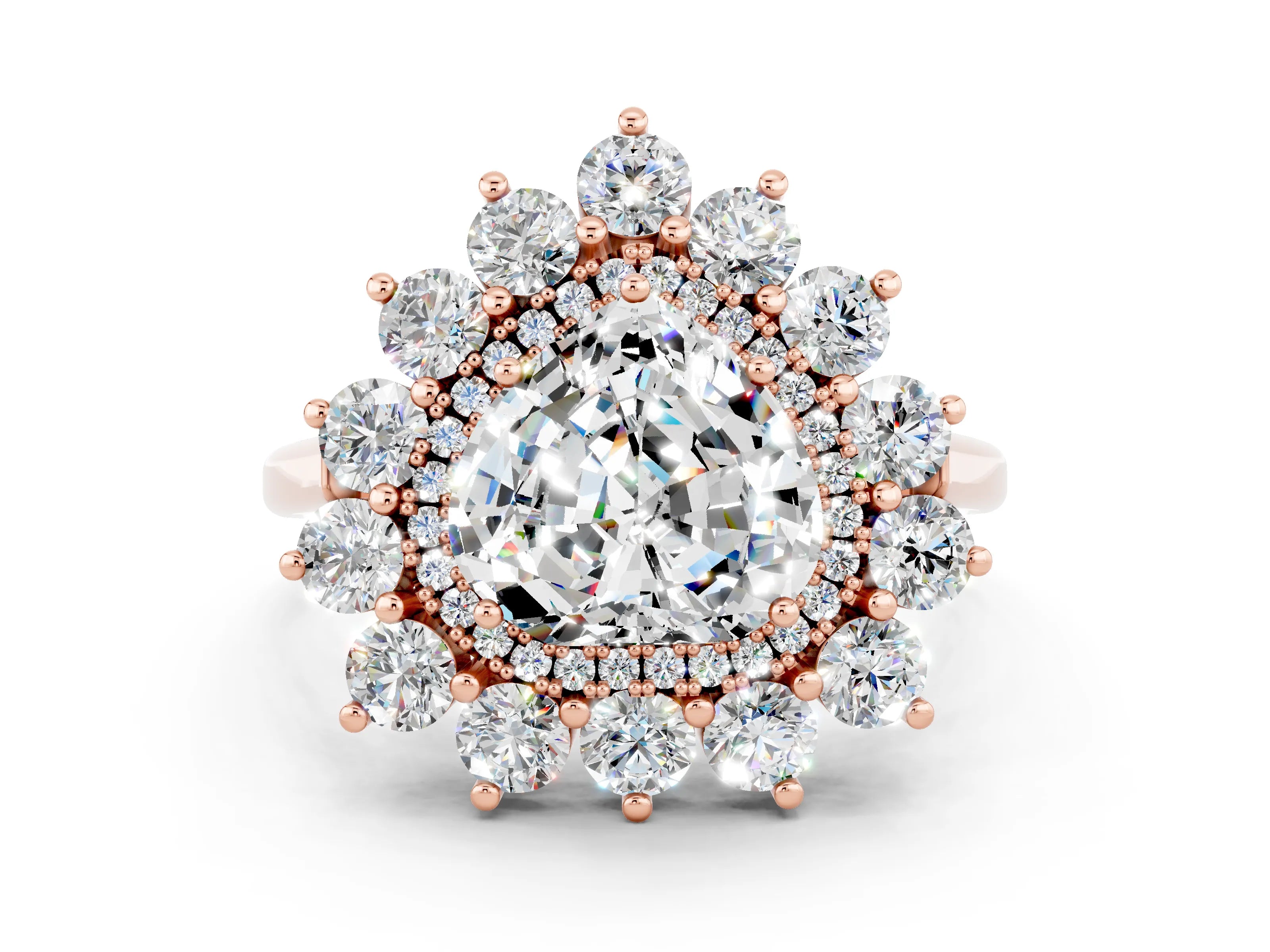 Rose gold Heart Cut Halo Cluster Diamond Ring with Pave Band and Four-Prong Setting