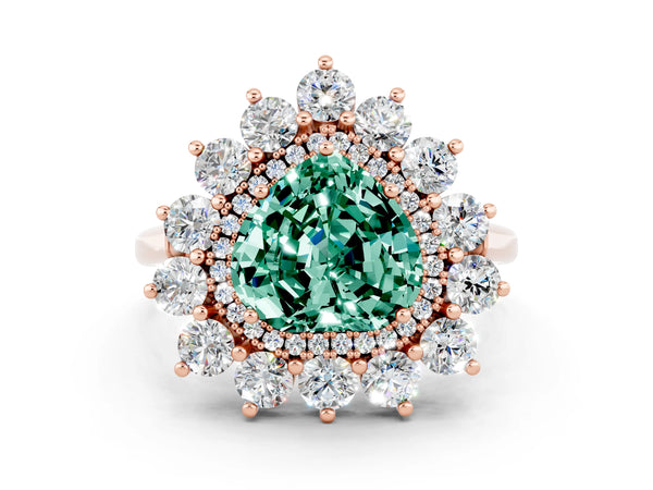Rose gold Heart Cut Green Sapphire Floral Double Halo Engagement Ring with Prong Setting