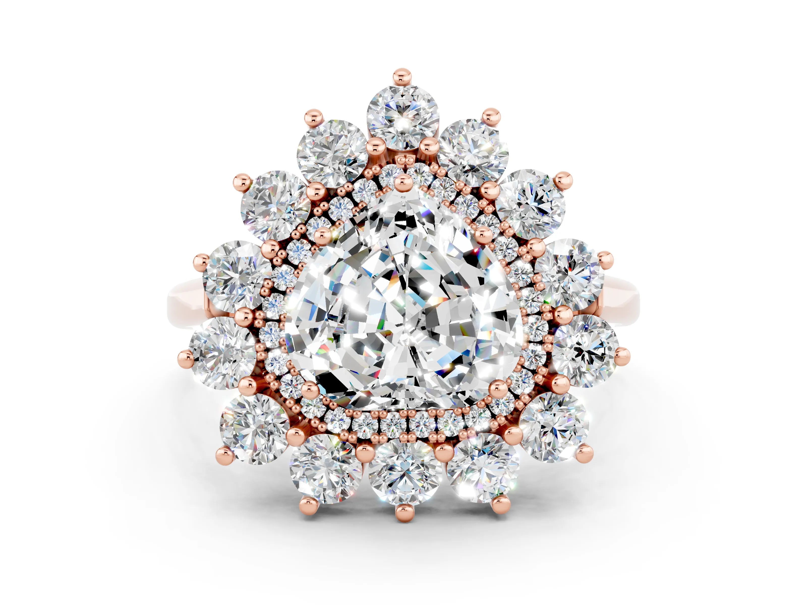 Rose gold Heart Cut Halo Cluster Diamond Ring with Pave Band and Four-Prong Setting_12
