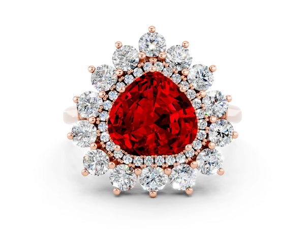 Rose gold Heart Cut Ruby Floral Double Halo Engagement Ring with Prong Setting
