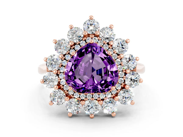 Rose gold Heart Cut Amethyst Floral Double Halo Engagement Ring with Prong Setting